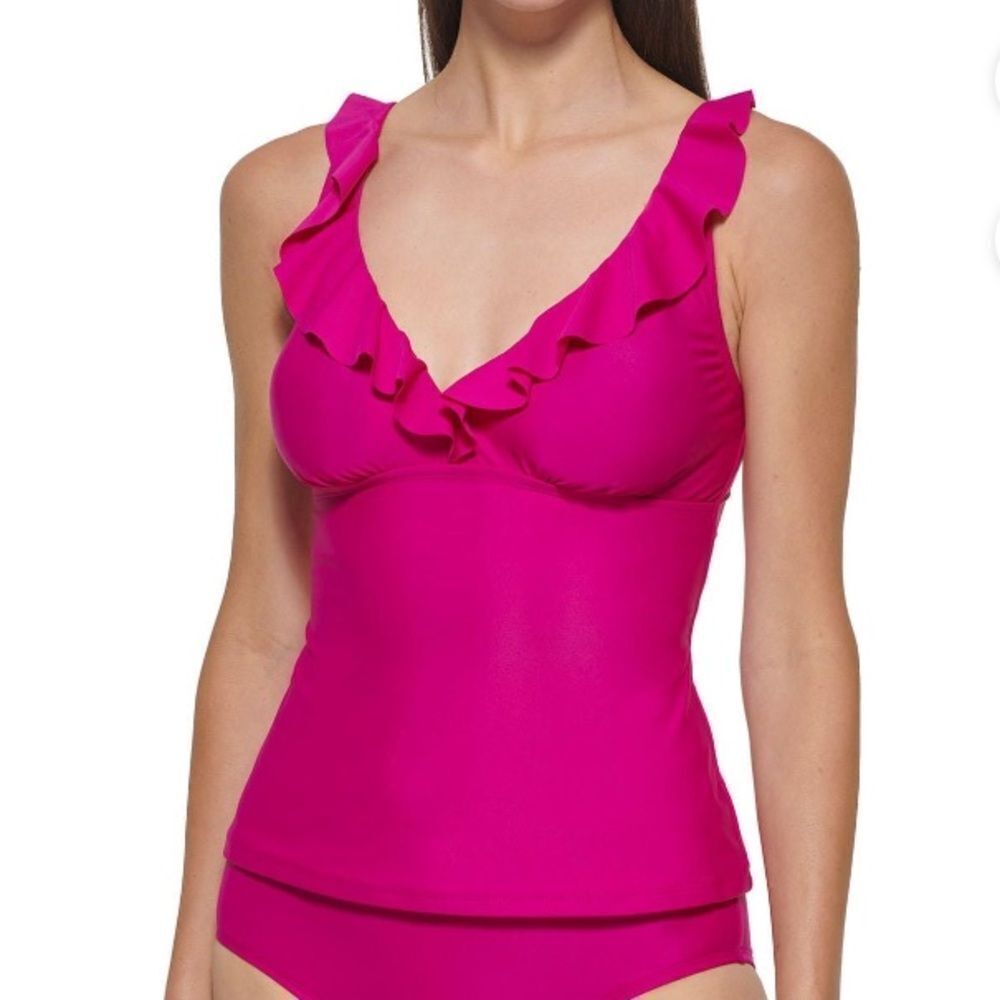 Ladies DKNY Hot Pink Ruffle Neckline Tankini Top Size Large